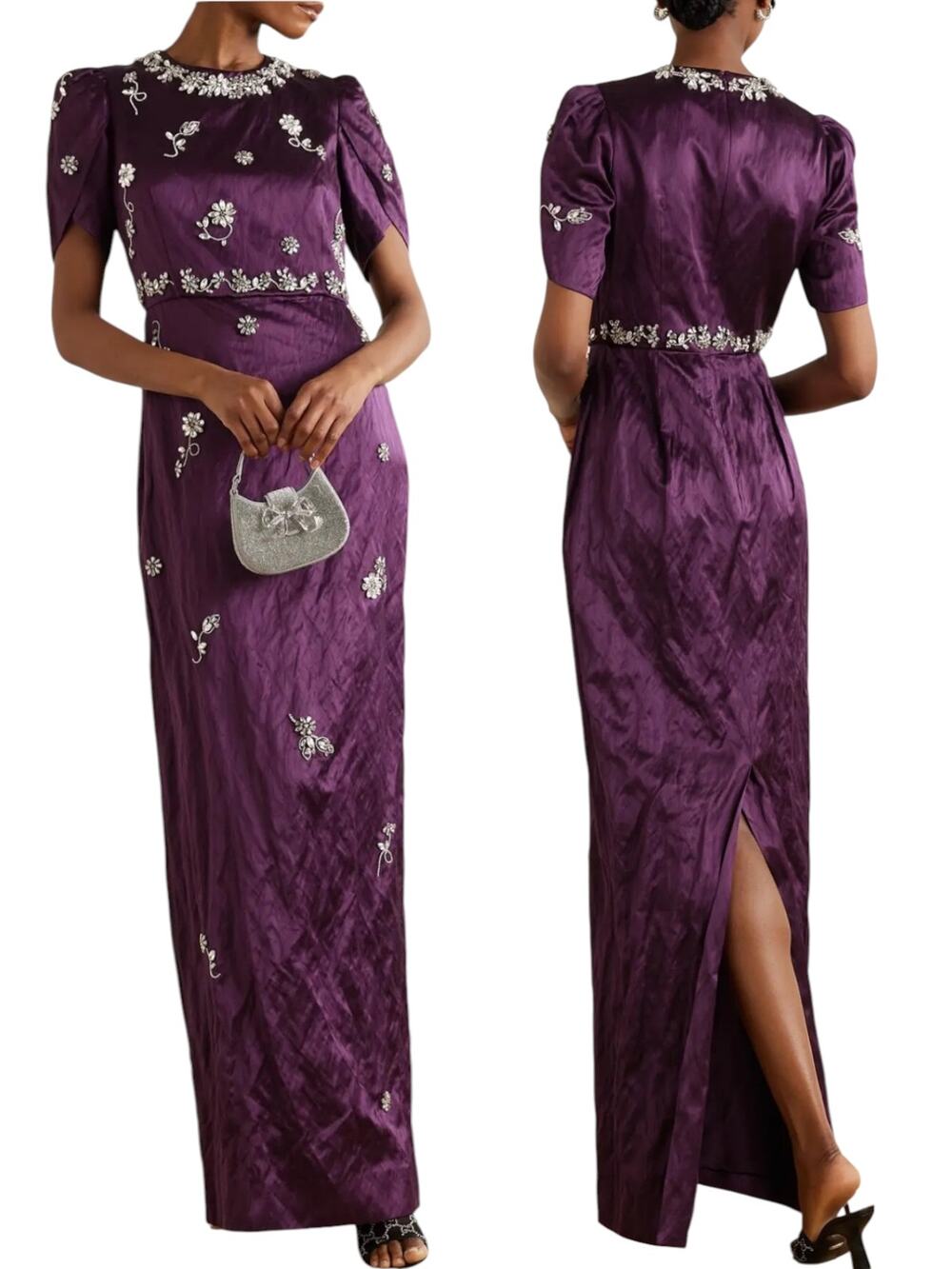 New Erdem Crystal Flower Embellished Crinkled Satin Gown Merlot Size 6